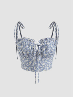 Cider - Square Neck Bowknot Floral Shirred Cami Crop Top