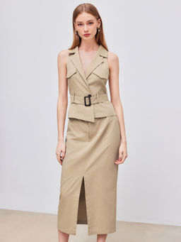 Cider - Cotton Collar Solid Split Midi Dress with Belt