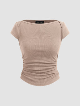 Cider - Cotton-Blend Boat Neck Solid Ruched Short Sleeve Tee