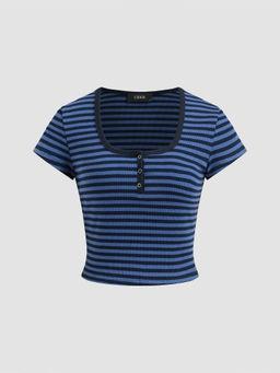 Cider - Square Neck Striped Crop Short Sleeve Tee