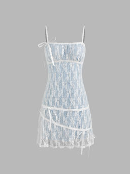 Cider - Lace Square Neck Solid Bowknot Mini Dress