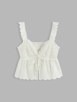 Cider - Cotton Square Neck Solid Wave Trim Knotted Crop Cami Top