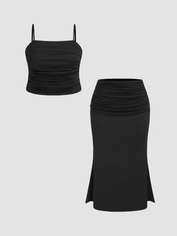 Cider - Solid Ruched Cami Top & Mid Rise Ruched Maxi Skirt Curve & Plus (Set of 2)