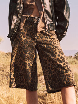 Cider - Denim Low Rise Leopard Wide Leg Bermuda Shorts
