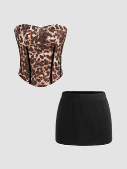 Cider - Solid Leopard Corset Tube Top with Low Rise Solid Mini Skirt (Set of 2)