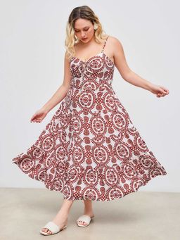 Cider - Woven Sweetheart Floral Beaded Knotted Tiered Ruffle Midi Dress Curve & Plus