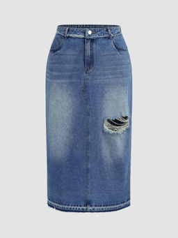 Cider - Denim Mid Rise Solid Pocket Ripped Split Maxi Skirt Curve & Plus