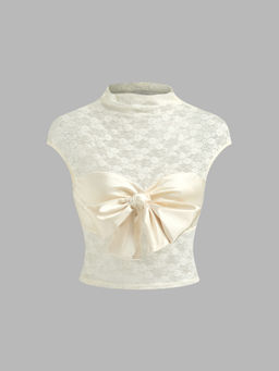 Cider - Lace Stand Collar Solid Bowknot Crop Short Sleeve Top