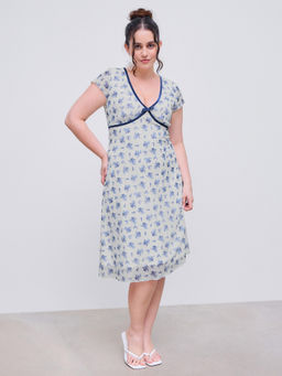 Cider - Mesh V-Neck Floral Contrasting Binding Bowknot Midi Dress Curve & Plus