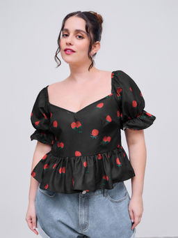 Cider - V-Neck Raspberry Graphic Puff Sleeve Blouse Top Curve & Plus