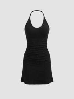 Cider - Halter Solid Ruched Mini Dress