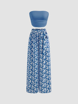 Cider - Strapless Solid Ruched Crop Top & Mid Rise Floral Knotted Wide Leg Trousers (Set of 2)