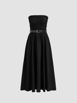 Cider - Solid Lettuce Trim Ruffle Tube Midi Dress with Belt