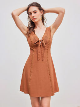 Cider - Cotton V-Neck Floral Embroidery Knotted Mini Dress