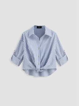Cider - Cotton-Blend Collar Striped Knotted Roll-Up Long Sleeve Shirt