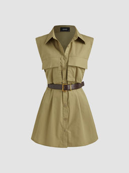 Cider - Cotton Polo Solid Sleeveless Mini Dress with Belt