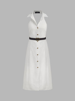 Cider - Linen-Blend Polo Solid Button Midi Dress with Belt