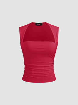 Cider - Square Neck Solid Ruched Tank Top