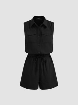 Cider - Collar Solid Button Pocket Knotted Romper