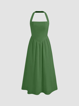 Cider - Linen-Blend Halter Solid Ruffle Maxi Dress