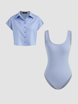 Cider - Collar Solid Short Sleeve Shirt with U-Neckline Solid Bodysuit (Set of 2)