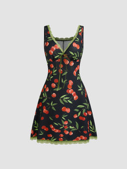 Cider - V-Neck Strawberry Graphic Contrasting Binding Knotted Mini Dress