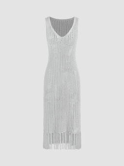 Cider - Knit V-Neck See-Through Fringe Hollow Out Midi Dress