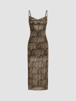 Cider - Mesh Cowl Neck Leopard Maxi Dress