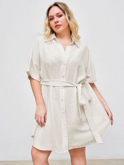 Cider - Collar Solid Button Roll-Up Sleeve Mini Shirt Dress with Belt Curve & Plus