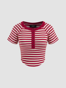 Cider - Cotton-Blend Round Neckline Striped Button Crop Short Sleeve Tee