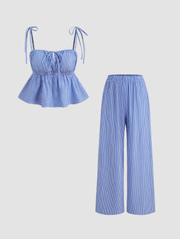 Cider - Square Neck Striped Knotted Crop Cami Top with Striped Wide Leg Trousers (Set of 2)
