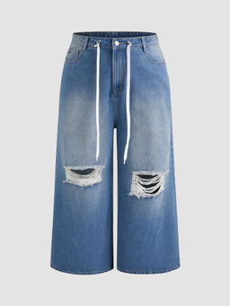 Cider - Denim Mid Rise Ripped Knotted Pocket Straight Leg Jeans Curve & Plus