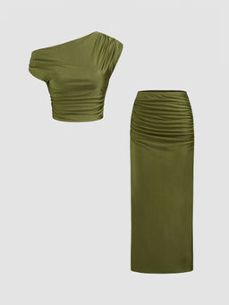 Cider - Asymmetrical Neck Solid Ruched Top with High Rise Solid Ruched Maxi Skirt (Set of 2)