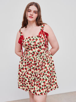Cider - Square Neck Strawberry Graphic Bowknot Corset Ruffle Mini Dress Curve & Plus