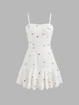 Cider - Cotton Square Neck Cherry Embroidery Layered Mini Dress