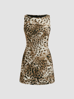 Cider - Boat Neck Leopard Print Zipper Mini Dress