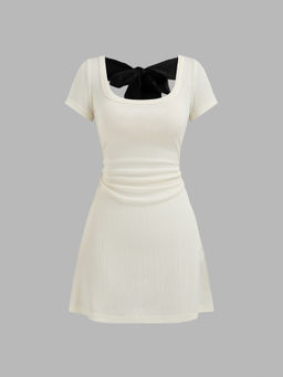Cider - Round Neckline Bowknot Ruched Mini Dress