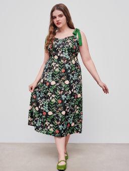 Cider - Woven Sweetheart Floral Knotted Split Shirred Midi Dress Curve & Plus