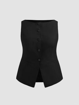 Cider - Woven Boat Neck Solid Button Vest Curve & Plus