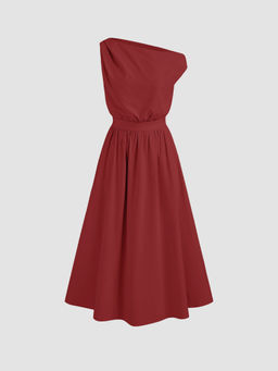 Cider - Cotton-Blend Asymmetrical Neck Solid Ruffle Midi Dress