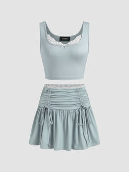 Cider - Square Neck Lace Trim Bowknot Crop Tank Top with Solid Drawstring Mini Skirt (Set of 2)