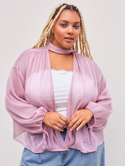 Cider - Chiffon V-Neck Knotted Long Sleeve Shirt Curve & Plus