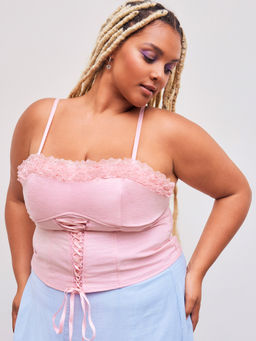 Cider - Woven Square Neck Lace Up Shirred Lace Trim Corset Cami Top Curve & Plus