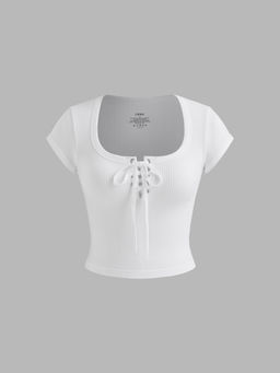 Cider - Seamless Square Neck Solid Lace Up Crop Short Sleeve Tee