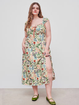 Cider - Sweetheart Butterfly & Floral Contrasting Knotted Split Midi Dress Curve & Plus