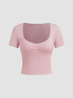 Cider - Seamless Square Neck Solid Crop Short Sleeve Top