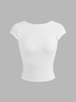 Cider - Seamless Round Neckline Solid Backless Crop Short Sleeve Top