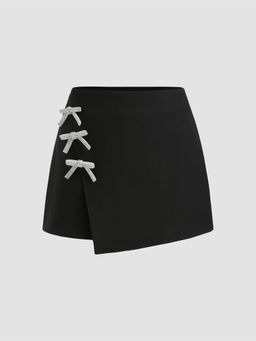 Cider - Mid Rise Wrap Solid Bowknot Mini Skirt