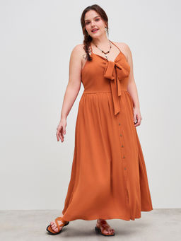 Cider - Woven Halter Solid Bowknot Button Ruffle Maxi Dress Curve & Plus