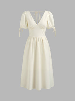 Cider - Linen-Blend V-Neck Solid Knotted Midi Dress